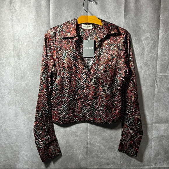 NWT Nicholas Women's Page Print Long Sleeve Top Red Black Snake Reptile sz US 2 - Picture 1 of 10